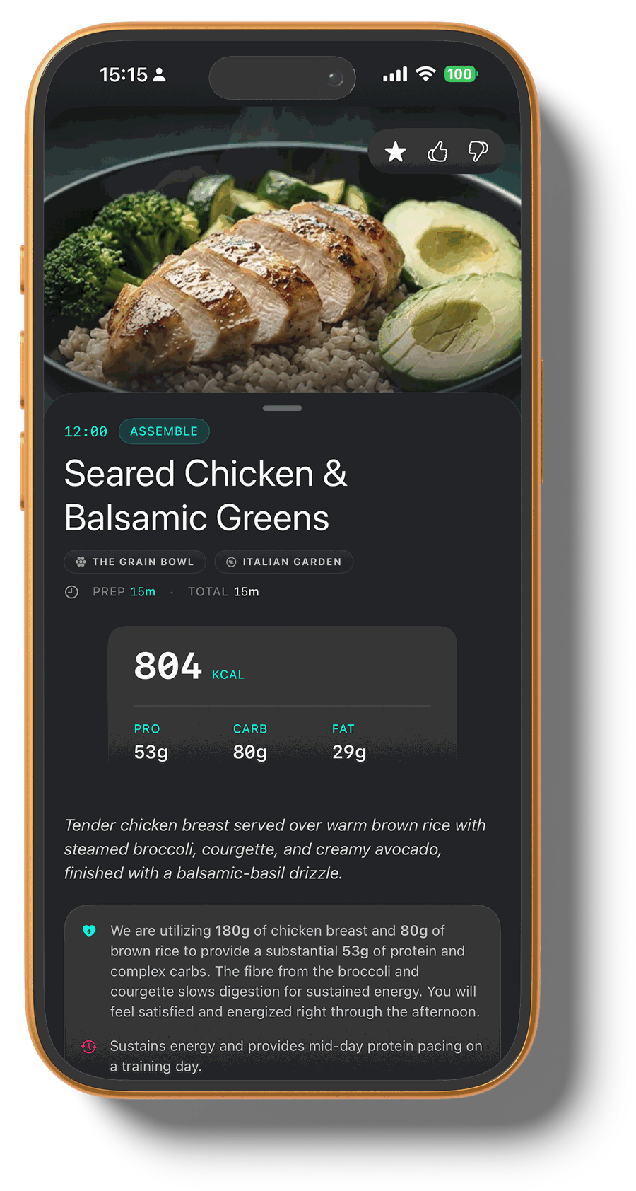 KEXBI meal — seared chicken with macro breakdown and coaching note