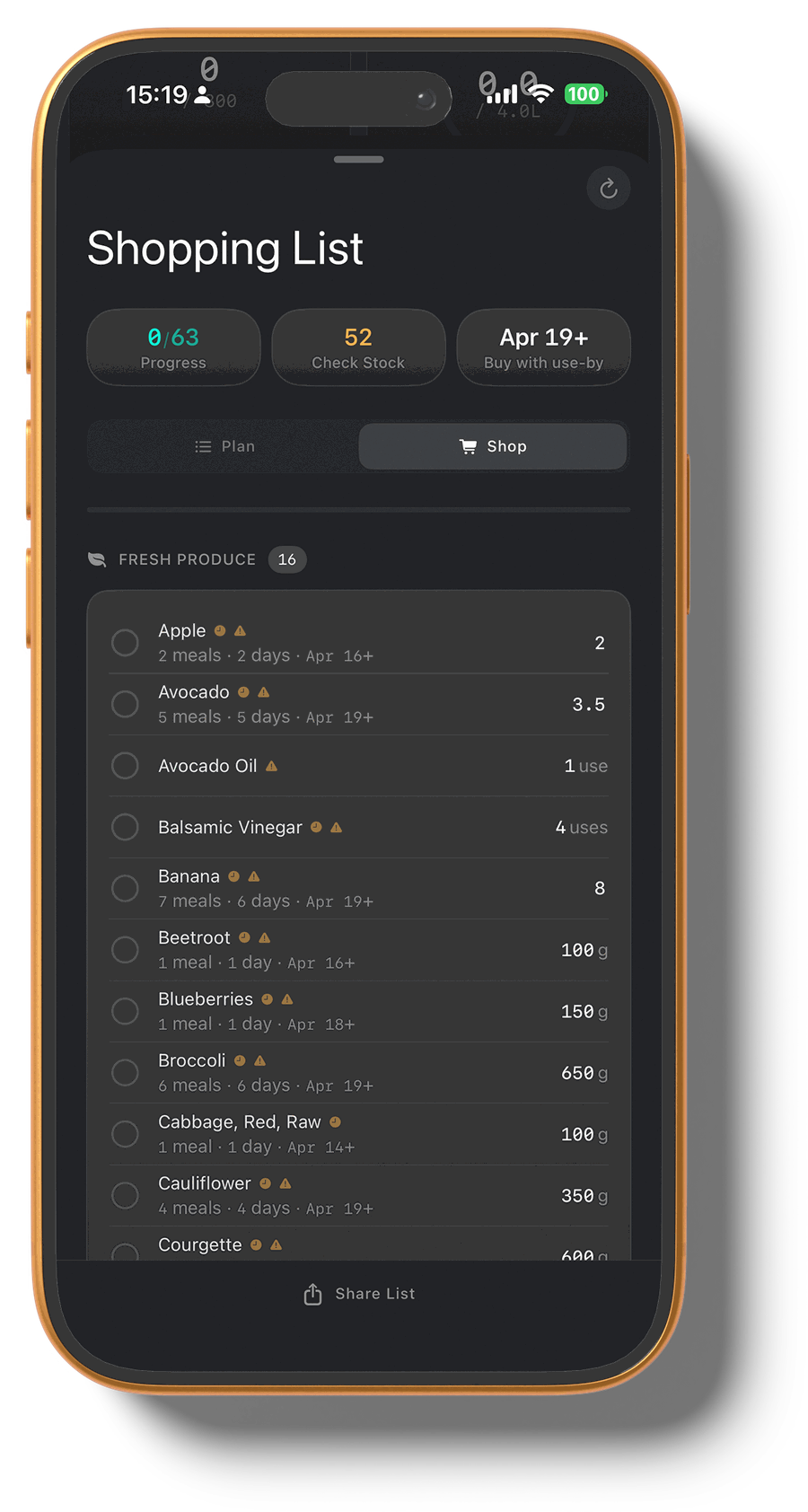 KEXBI shopping list — categorised, costed, shareable